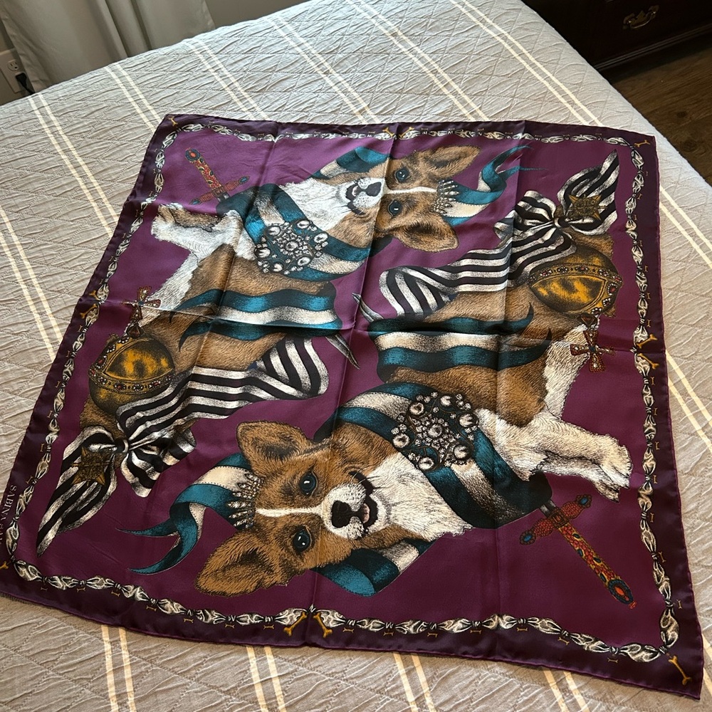 Sabina Savage hand illustrated Coronation Corgis Plum 100% Silk Scarf 90cm w/Box